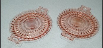 Great Vintage Pair Of Jeannette Pink Depression Glass Serving Platters - Sandwich Tray With Handles