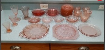 Lot Of Various Assorted Vintage Pink Depression Glass Lunch Or Dinnerware 45 Pieces
