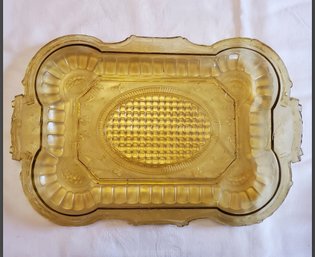 Vintage EAPG Yellow Depression Glass Serving Platter Floral Designs With Log Handles
