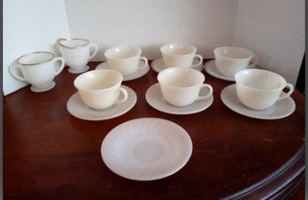 Vintage Fire King Oven Ware 6 Teacup And 7 Saucers Plus Sugar And Creamer Pieces, Made In USA