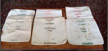6 Authentic Vintage Canvas U. S. Mint Coin Bags - Quarters, Dimes & Pennies