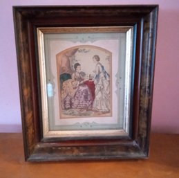 Vintage Print Of Two Women, With Beautiful Wooden Frame With Burl Veneer