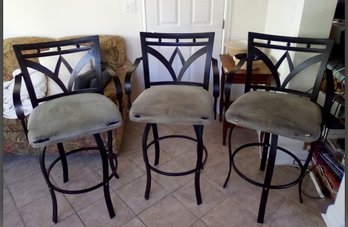 Three Iron Upholstered Swivel Bar Stools  With Armrests