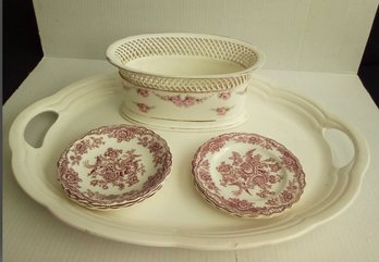 8 Piece Lovely Ceramic Lot Includes Large Handled Platter, 6 Small Dishes & Reticulated Floral Design Vase