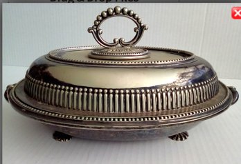 Vintage Silverplate Footed Ornate Covered Serving Dish With Side Handles & Pierced Insert