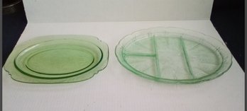 Two Lovely Uranium Green Depression Glass Platters, Raised Patterns. One Has Divided Compartments