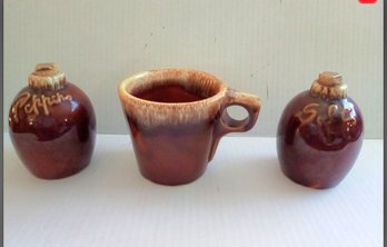 Vintage Hull Oven Proof Pottery USA Brown Drip Style Mug, Corked Salt & Pepper Shakers