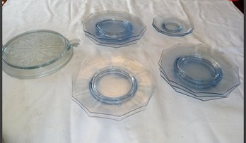 11 Pieces Of Vintage Blue Depression Glass Dessert Dishes Saucers And Serving Base /Pedestal