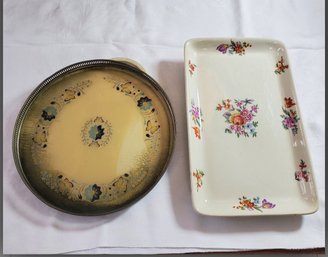 Two Vintage Lovely Serving Trays- 1 Japanese Enamel & 1 Ye Olde Ivory Buffalo China