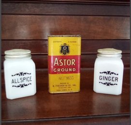 Vintage Milk Glass Spice Jars And Astor Ground Nutmeg Tin