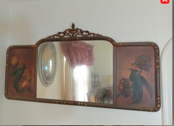 Beautiful Antique Mirror With Decorative Carvings And Lovely Hand Painted Birds On The Sides