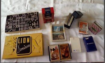 Game Night!  11 Items,  Vintage Wood Domines, Playing Cards, Poker Chips