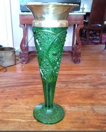 Vintage Pressed Molded Green Glass Vase With Removable Silver Colored Top