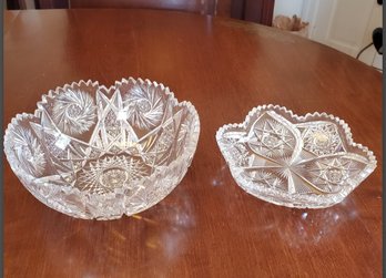 Two Vintage Cut Glass / Crystal Bowls With Sawtooth Top Edges