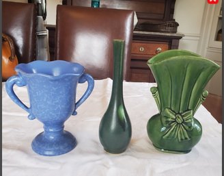 Trio Of Vintage Pottery Flower Vases: Rumrill Loving Cup, Thin Green Bud Vase& Shawnee Green Ribbon Vase