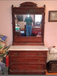 Beautiful Antique Eastlake White Marble Top Dresser With Ornate Mirror. Features A Jewelry Storage Area