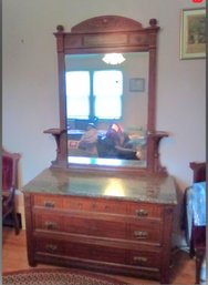 Antique Eastlake Wood Dresser & Marble Top, Keyhole/escutcheons, Sconces On Mirror - 3 Drawers With Carvings