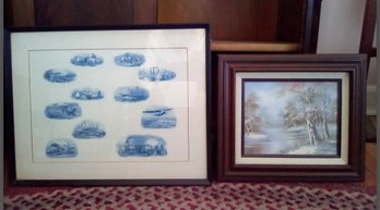 Two Framed Art Pieces Include Signed Oil On Canvas, Wintery Lake Scene & Print Of Transportation Of Antiquity