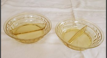 Two Vintage Yellow Depression Glass Divided Serving Bowls