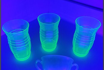 Ten Piece Vintage Green Depression Glass Lot- Stemmed Sherry, A Tea Cup & Uranium Glowing Water Glasses