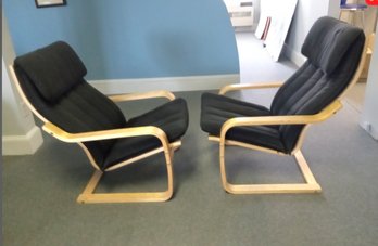 Pair Of Beautiful Ikea Poang Lounge Chairs With Bent Wood Frames & Detachable Cushions