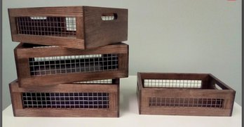 Four Attractive Well Made Wood And Metal Trays For Display And/or Storage