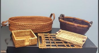 Five Hand Crafted Wicker / Rattan Items- 4 Baskets & One Trivet