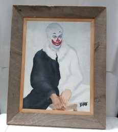 Beautiful Oil On Canvas Painting Of A Clown With Drift Wood Frame.   WA