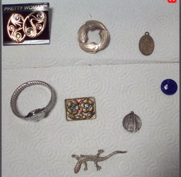 Jewelry Lot With Earrings, Vintage Pins, Religious Metals, Timex Watch And Glass Or Resin Piece  D3