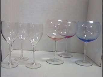 3 Spectrum Hand Blown Colored Crystal Wide Mouth Stemware And 3 Wine Glasses A3