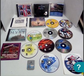 Music CDs, PlayStation Compact Discs, Tomb Rader 2 Memory Card, Myst Windows Manual, Caillou Movie C3