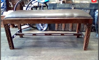 Vintage Chinoiserie Design Wood Bench With Comfortable Leather Padded Seat Cushion & Great Legs!   CVBK