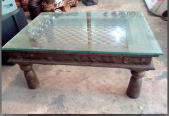 Amazing Copper Leaf Covered Table Including Copper Sides & Legs, A Central Iron Design & Thick Glass Topper