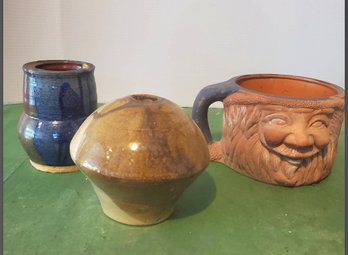 Two Unique Form Pottery Flower Planters & One Bud Vase