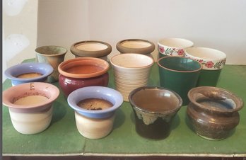 13 Small Planter Pots Of Assorted Clay, Glazes And Designs