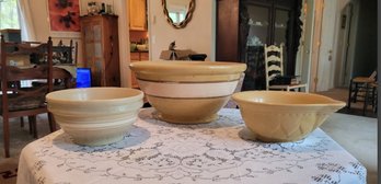 Great Assortment Of Vintage Yellow Ware Iron Stone Striped Mixing Bowls