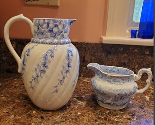 Two English Fine China Blue & White Pitchers