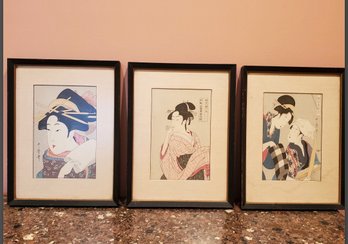 Trio Of Framed Vintage Japanese Prints 13' X 10'