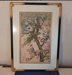 Beautiful Asian Print Of Birds In A Tree With Nice Two Tone Frame Matted