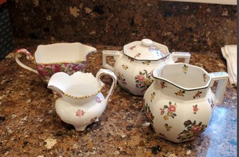 Fine English Bone China Lidded Sugar Bowl & 3 Creamers. Royal Doylton (2)