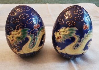 Two Vintage Asian Blue Cloisonne Painted Enamel Dragon Eggs