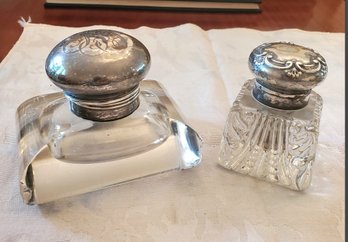 Two Antique Sterling Capped Glass Inkwells