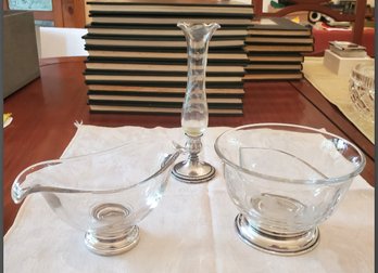 Three Sterling Silver Base Glass Items: Etched Bud Vase, Divided Serving Bowl & Dual Spout Gravy/ Creamer