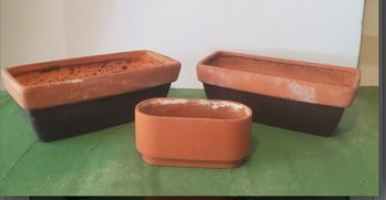 Three Rectangular Terra Cotta Planters - Two With Brown Glaze Overlayv