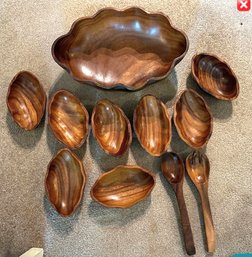 Vintage Rare One Large Monkey Pod Wood Bowl With 8 Small Monkey Pod Wood Bowls & Two Wooden Spoons