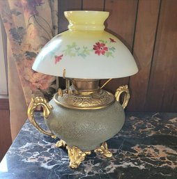 Charming Vintage Oil Lamp Retrofitted To Electric With Nice Glass Shade Painted With Beautiful Flower Designs