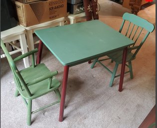 Children's Green Painted Wood Play / Reading / Crafts Table & 2 Arm Chairs