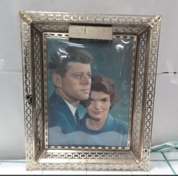 Lovely Vintage Framed Print Of JFK AND JACKIE With Decorative Gold Brass Frame Also Has A Light  WA