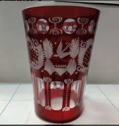 Vintage Czech Bohemian Red Cut Glass Vase With Decorative Designs.     A3