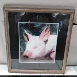 Stunning Print Of A Pig At Rest Double Matted With Nice Wooden Frame.   WA